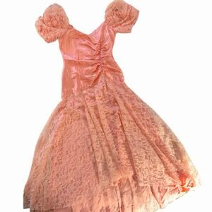 Stunning Vintage 50s Satin and Lace Formal Evening Gown Drop Waist Prom Dress